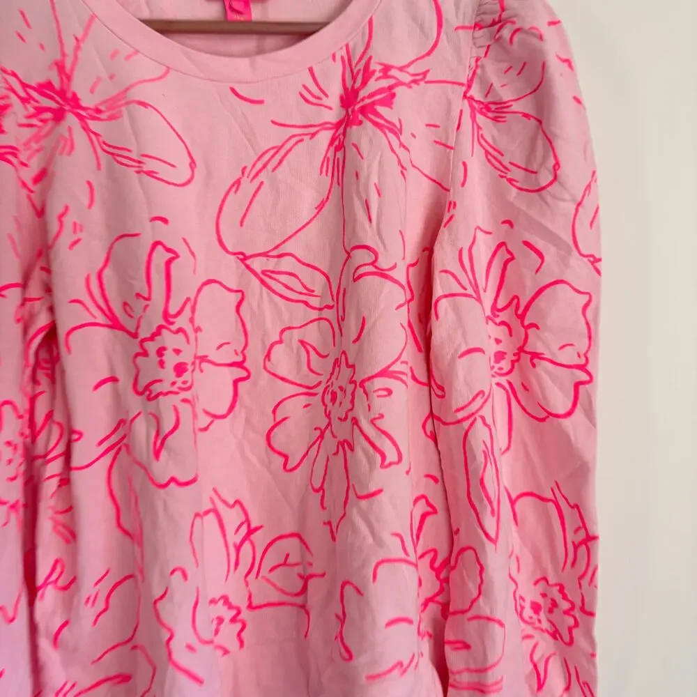 Lilly Pulitzer Lissome Rose Sweatshirt L NWOT Pink Floral Top Blouse Puff Sleeve